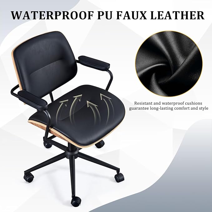Mid Century Walnut Office Chair with Arms, Adjustable Swivel Desk Chair, Leather Computer Chair with Rolling Wheels for Home Office or Study Room, Black