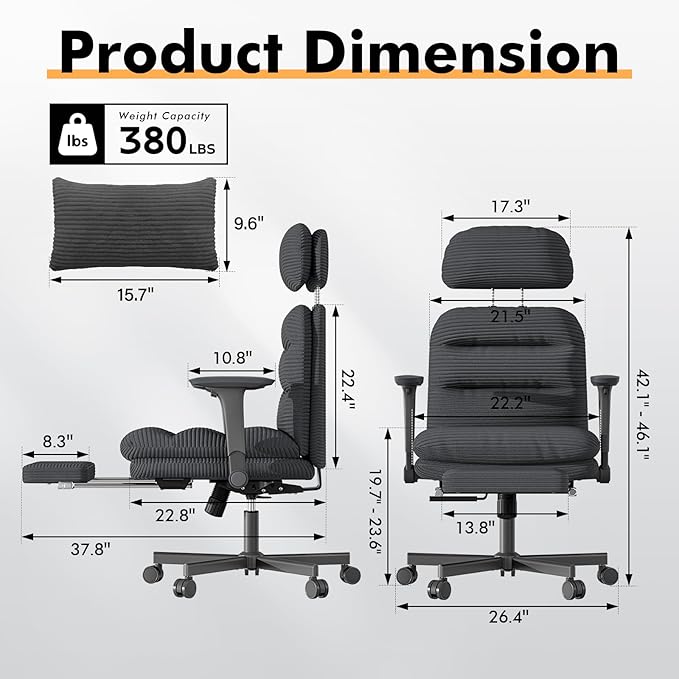 Criss Cross Chair with Flip-up Arms, Executive Office Chair with Foot Rest, Swivel Cross Legged Office Chair with Lumbar Pillow&Headrest, Corduroy Comfy Computer Desk Chair for Home, Black