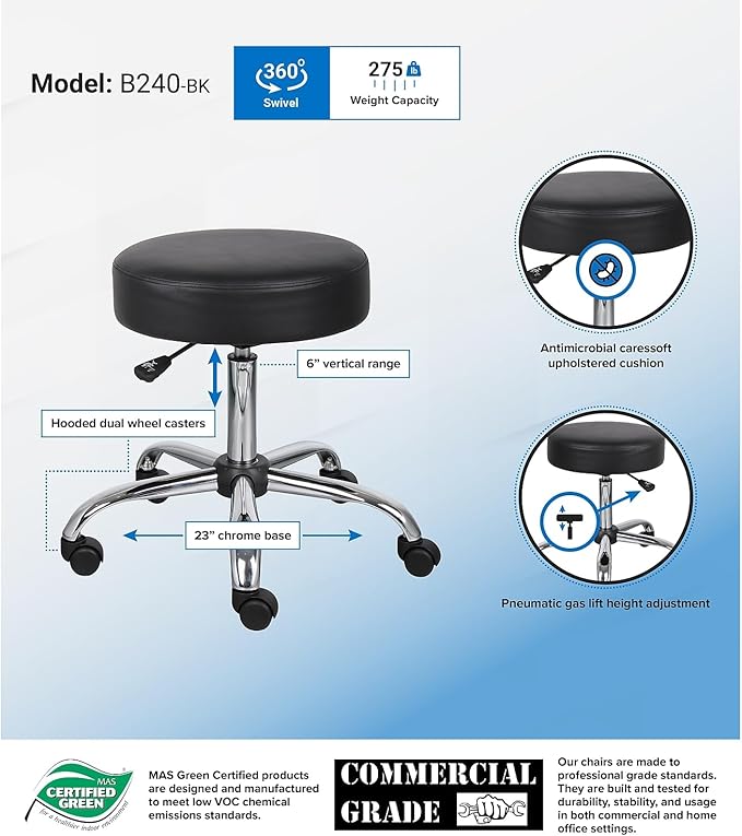 Boss Office Products Antimicrobial Vinyl Medical Spa Stool in Black