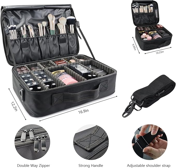 Travel Makeup Case 3 Layers Portable Makeup Train Case Cosmetic Bag Organizer Storage for Women with Adjustable Dividers and Shoulder Strap for Toiletry Travel Accessories(Black,XL)