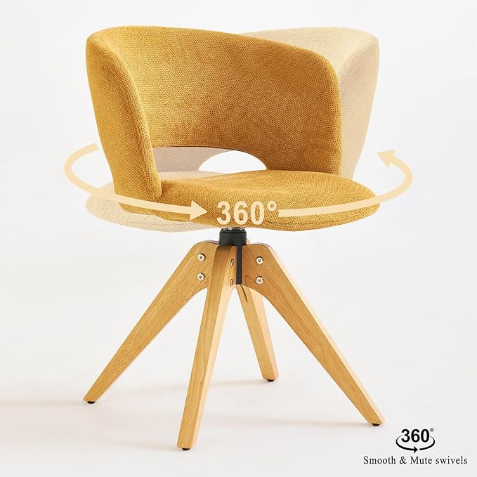 Mid Century Modern Swivel Accent Chair with Solid Wood Legs, Home Office Desk Chair No Wheels, Makeup Chair for Vanity, Upholstered Chair for Bedroom, Yellow