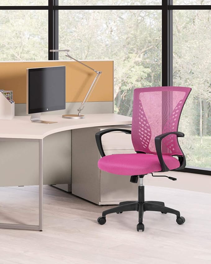 FDW Home Office Chair Mid Back PC Swivel Lumbar Support Adjustable Desk Task Computer Ergonomic Comfortable Mesh Chair with Armrest (Pink)