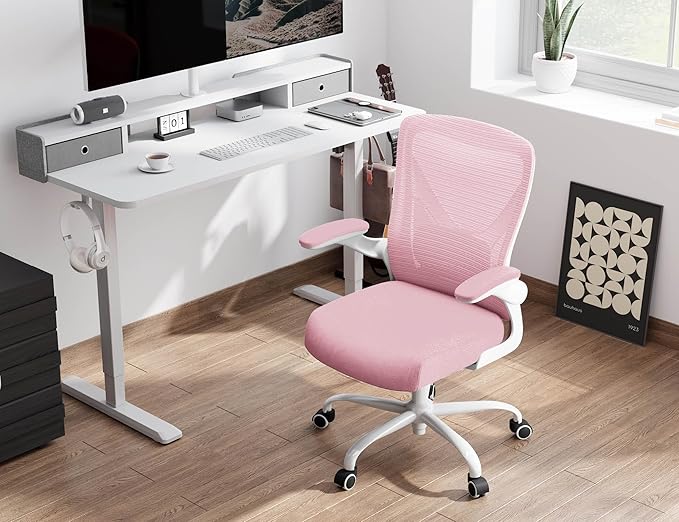Office Chair Ergonomic Desk Chair Comfy: 330LBS Mesh Computer Chair Ergonomic Gaming Chairs with Wheels Adjustable Lumbar Support and Flip up Armrest-Swivel Executive Chairs Long Hours(Light Pink)