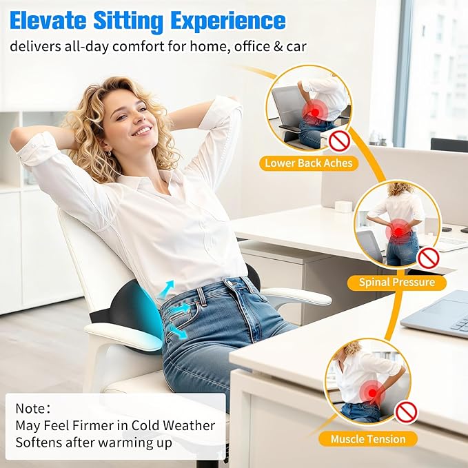 Lumbar Support Pillow for Office Chair - Memory Foam Lumbar Pillow with Detachable Strap & Breathable Cover, Ergonomic Back Support for Office Chair, Car Seat Cushion, Bed Rest (Black)