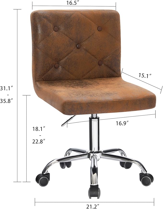 VECELO PU Leather Mid-Back Armless Desk Chair Adjustable Height 360° Rolling Swivel for Home Office Work, Dark Brown