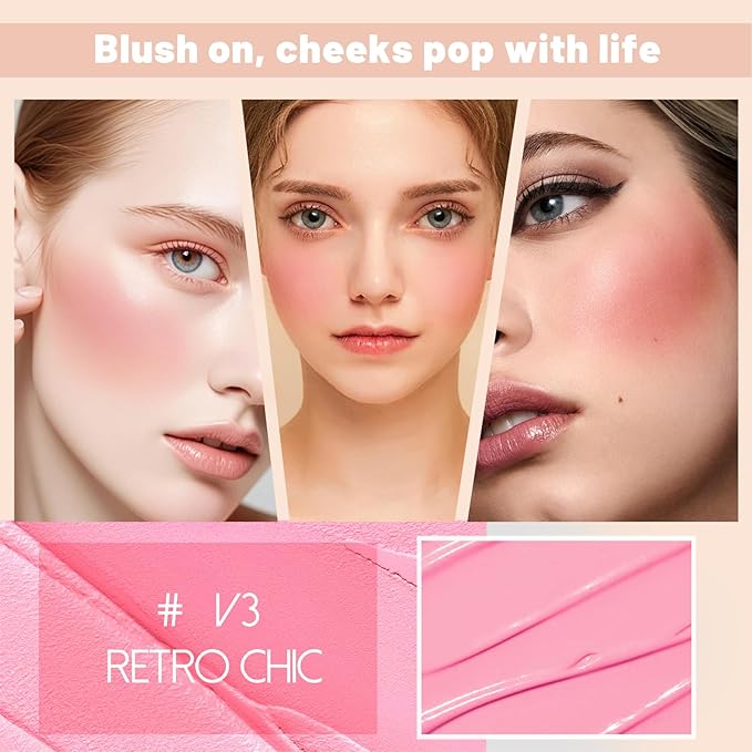 Multi Texture Heart Blush Cream, Liquid, Powder & Jelly Blushl for Cheeks,Beauty-Matte & Natural Finish Cheek Tint & Blush Palette (V3 Retro Chic)