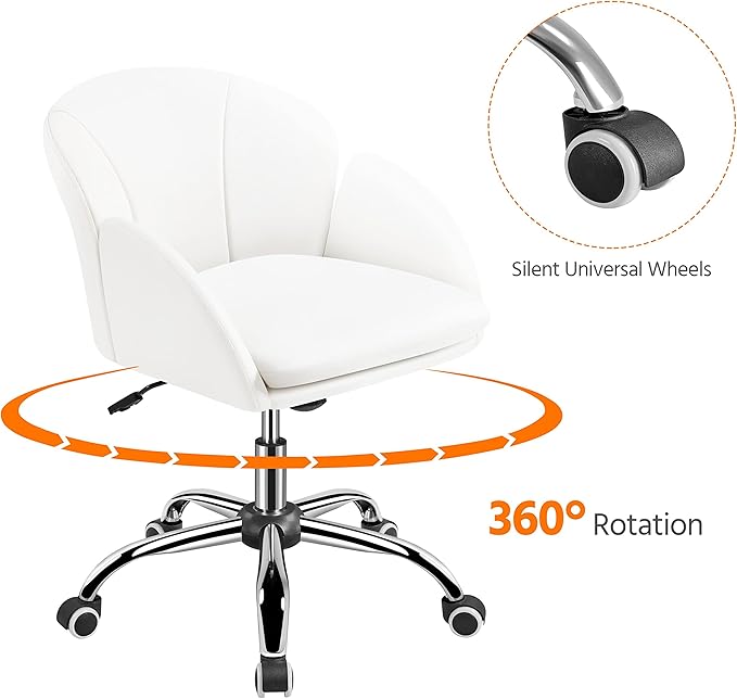 Yaheetech White Desk Chair Vanity Chair with Back Modern Faux Leather Swivel Rolling Office Computer Armchair for Living Room, Bedroom