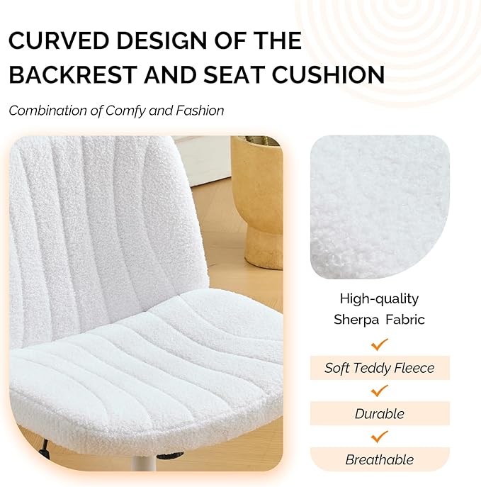 VINGLI Criss Cross Legged Chair,Wide Comfy Office Desk Chair,Dual-Use with/no Wheels Computer Task Chair,Swivel Armless Vanity Boucle Chair for Study,Make Up,Home Office,Teddy Fleece,White