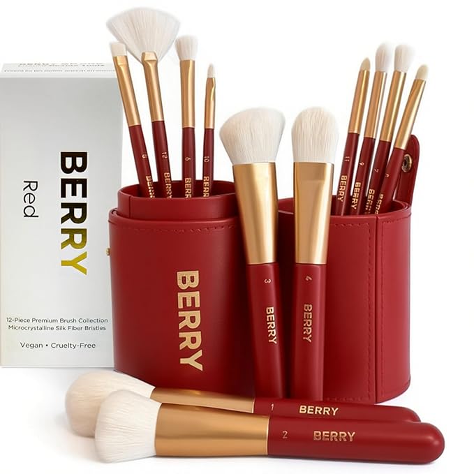 BERRY GOODS 12-Piece Makeup Brush Set with Microcrystalline Silk Fibers – Ultra-Soft, Vegan & Cruelty-Free Face & Eye Brushes with Travel Case (BERRY Red)