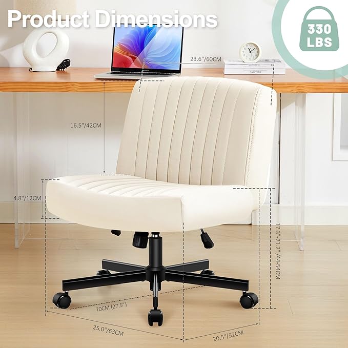 Criss Cross Chair with Wheels,Thick Padded Leather Cross Legged Office Desk Chair with Pocket Spring Cushion,Dual-Purpose Base,Wide Adjustable Computer Home Office Vanity Chair,Beige