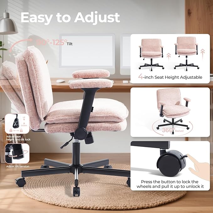 Criss Cross Chair with Flip-Up Arms and Lockable Wheels, Plush Fabric Cross Legged Office Desk Chair,Wider 125°Tilting Adjustable Swivel Computer Chair for Home, Apartment, Bedroom,Pink