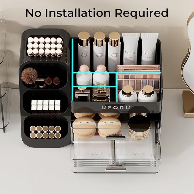 Makeup Organizer for Vanity with Brush Holder, Countertop Skincare Organizer with 2 Drawers, Spacious Cosmetic Display Case for Perfumes, Cologne, Shaving Lotion