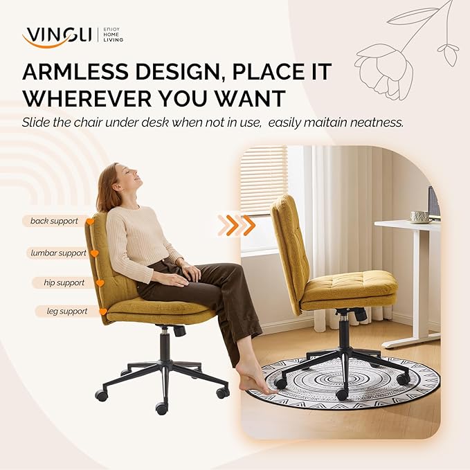 VINGLI Mid Back Armless Office Desk Chair with Wheels/no Wheels,360°Rocking Swivel Vanity Chair with Thickened Cushion,Adjustable Height Rolling for Reading Room, Make up, Linen Ginger Yellow