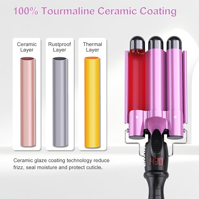 kuwa 3 Barrel Curling Iron,Crimper Hair Tool,Hair Crimper for Women,WaverHair Tool,Hair Waver with LCD Temperature Display