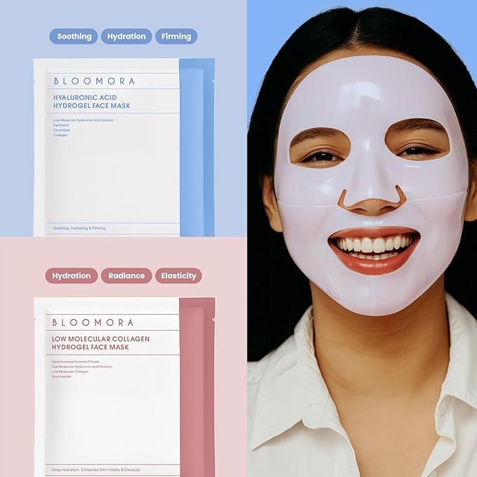 Hyaluronic Acid & Collagen Face Mask Overnight, Hydrogel Hydrating Facial Mask, Moisturizing & Tightening Low Molecular Solution, Collagen Skincare, Face Care & Self Care for Women 34g*4ea