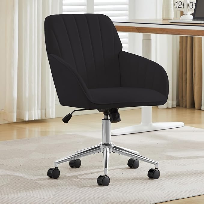 YITAI Velvet Office Desk Chair with Wheels and Silver Base,Modern Height Adjustable 360 Degree Swivel Upholstered Vanity Chairs with Arms for Living Room Bedroom, Study,Black