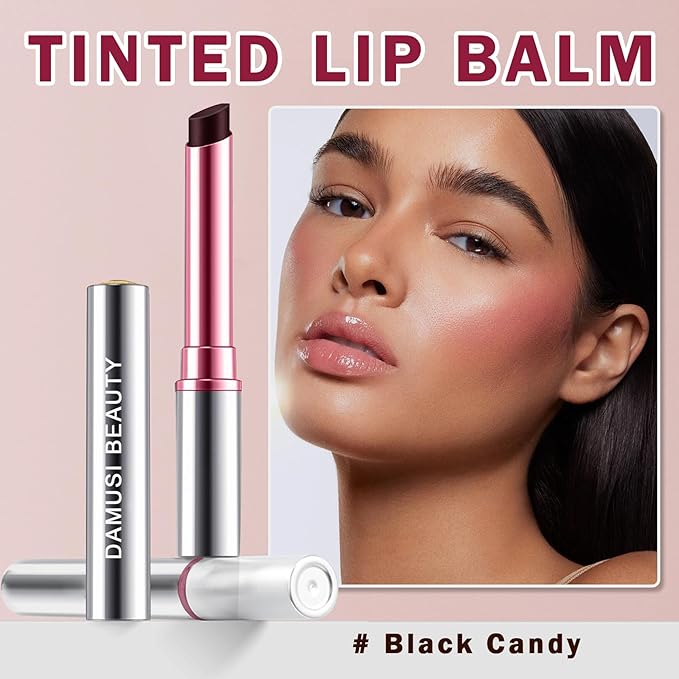 DAMUSI 2PCS Tinted Lip Balm,Moisturizing Lipstick for Women,Hydrating Solid Lip Gloss,Sheer Formula and Lightweight Lip Care Balm for Dry Lips（Black Candy）