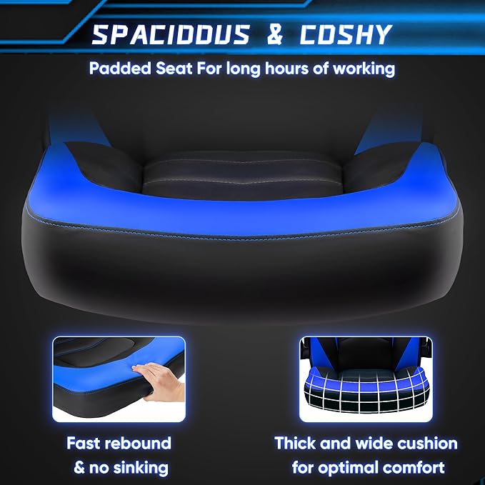 NEWBULIG Computer Gaming Desk Chair - Big Tall Ergonomic Lumbar Support with Flip-up Armrest and 360° Swivel Wheels, PU Leather Height Adjustable, for Home and Office, Blue