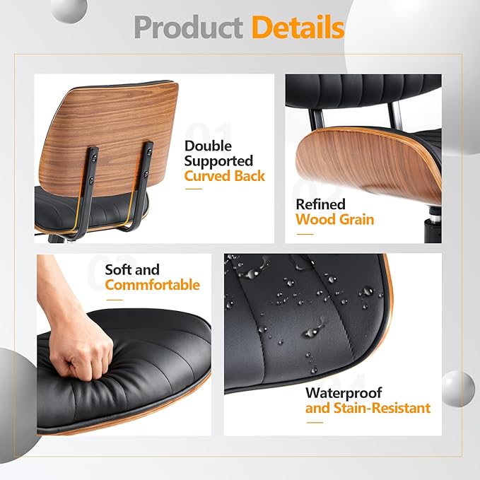 VINGLI Wide Curved Seat&Back Armless Home Office Chair,Ergoromic Adjustable-Height Desk Chair,Swivel&Tilting Function,Stylish Walnut Task Chair for Meeing Room,Dining Room,PU, Black