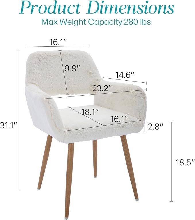 Home Office Faux Fur Desk Chair, Fluffy Makeup Vanity Chair, Comfy Accent Armchair with Wood Grain Metal Legs, Cute Dining Chair with Hollowed Back, White