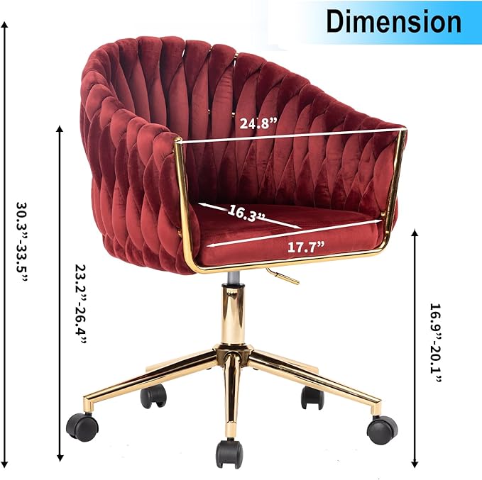Velvet Office Chair, Vanity Chairs with Wheels, 360° Swivel Velvet Home Office Desk Chair, Accent Chair Makeup Vanity Chair for Bedroom, Living Room(Red)