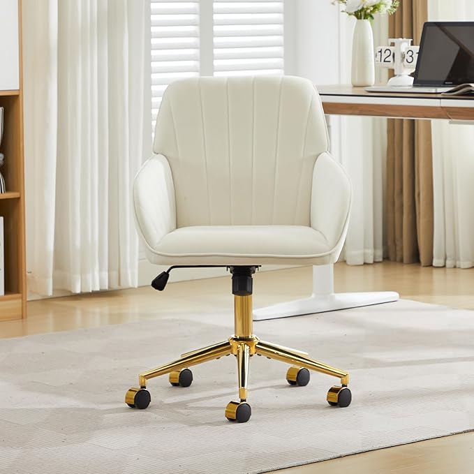 YITAI Velvet Office Desk Chair with Wheels and Gold Base,Modern Height Adjustable 360 Degree Swivel Upholstered Vanity Chairs with Arms for Living Room Bedroom, Study,Cream