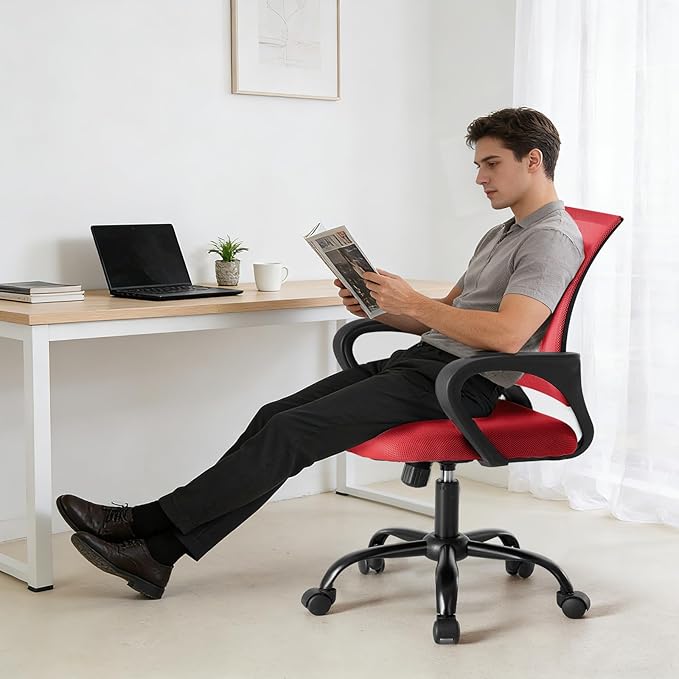 NEWBULIG Red Computer Desk Office Chair, Ergonomic Mid-Back Swivel Rolling Chair with Breathable Backrest and Lumbar Support Wheels, Mesh Office Chairs for Adults Home Task Gaming,2 Pack