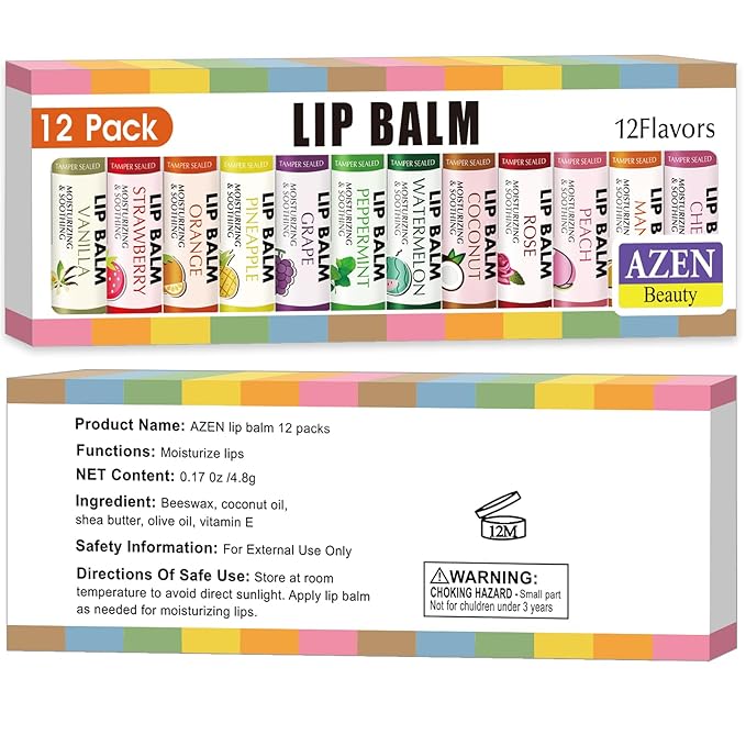 AZEN 12 Pack Lip Balm, Natural Lip Balm Bulk, Lip Care Product, Moisturizing Lip Balms for dry cracked lips, Valentines Gifts Easter Basket Stuffers - 12 Flavors
