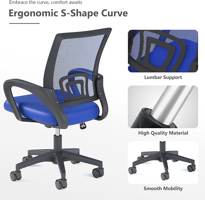 Home Office Chairs, Ergonomic Mid-Back Mesh Desk Chairs with Lumbar Support, Adjustable Swivel Rolling Design, Comfy Armrest for Work, Study, Gaming, Vanity, Navy Blue, 2 Pack