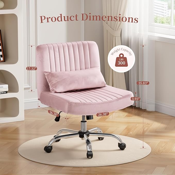 Velvet Criss Cross Chair with Wheels, Luxury Cross Legged Office Chair, Comfy Desk Chair for Home Office, Wide Seat Computer Chair, Armless Vanity Chair, Birthday Gift for Girls & Women, Pink