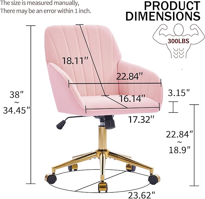 Velvet Home Office Desk Chair, Modern Cute Computer Task Chair with Back, Height Adjustable Upholstered Vanity Chair with Swivel Wheels for Women, Girls (Gold Base, Pink