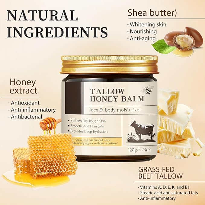 Beef Tallow Balm Skincare for Women,Moisturizer Tallow and Honey Cream for Face & Body,Deeply Hydrating Beef Tallow Skin care for All the Skin Type,White(120g/4.23 Oz)
