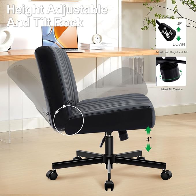 Criss Cross Chair with Wheels,Thick Padded Leather Cross Legged Office Desk Chair with Pocket Spring Cushion,Dual-Purpose Base,Wide Adjustable Computer Home Office Vanity Chair,Black
