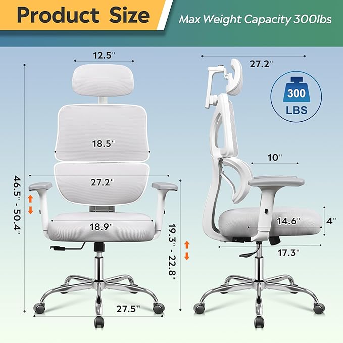 DEVAISE Office Chair Big and Tall Reclining Ergonomic Desk Chair for Long Hours, Comfy Breathable Mesh, Adjustable Armrests with Lumbar Support, White