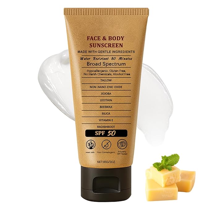 Beef Tallow Sunscreen SPF 50 - Grass Fed Beef Tallow, Non-Nano Zinc Oxide Sunblock, Water Resistant, Clean Non-greasy Formula for Face and Body, 3 Oz