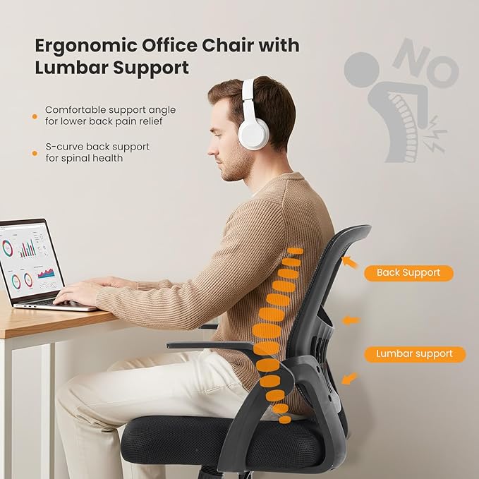 NEWBULIG Office Chair - Ergonomic Desk Chair with Lumbar Support, Mesh Computer Executive Rolling Chairs, Swivel Task Chairs with Wheels, Comfy Flip-up Arms for Bedroom, Study, Student Black