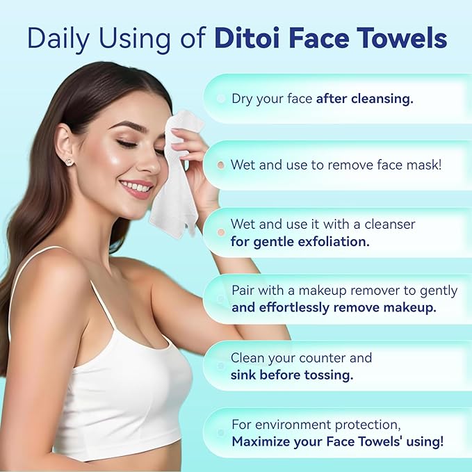 Ditoi Disposable Face Towels XL, Soft Cotton Facial Cleansing Cloths, Dry Face Towelettes for Makeup Removal, Sensitive Skin & Daily Skin Care, 50 Count, 10"×12"