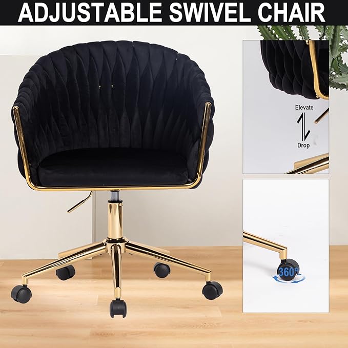 Velvet Office Chair with Hand Woven, Black Vanity Chairs with Golden Wheels, 360° Swivel Home Office Desk Chair Computer Chairs, Accent Chair Makeup Chair for Bedroom, Living Room(Black)