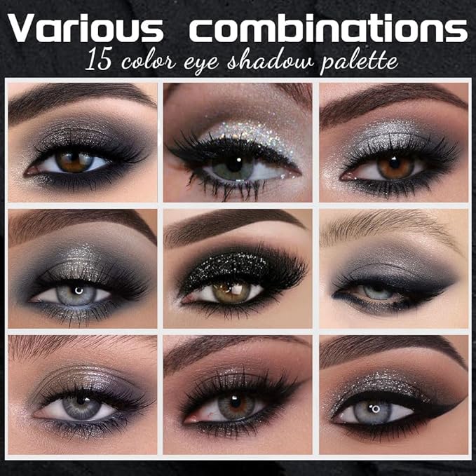 SUAKE 15 Colors Black Gray Silver Matte Shimmer Eyeshadow Palette for Eye Makeup,High Pigmented Brown White Eye Shadow Primers Powder Palet de sombras de ojos