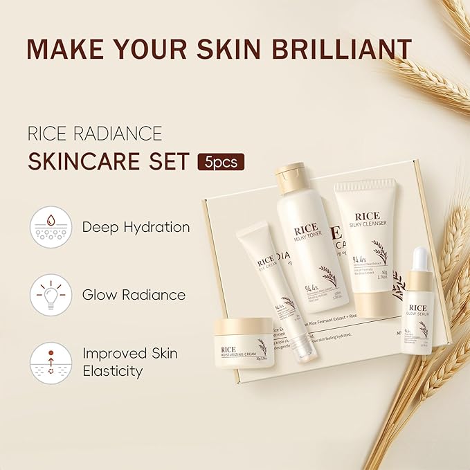 5PCS Rice Skin Care Set for Women & Teen Girls – Facial Kit for Women with Cleanser, Toner, Serum, Eye Cream & Face Cream – Travel Size Skincare Set Soothing & Moisture-Locking Daily Skincare Gift Set