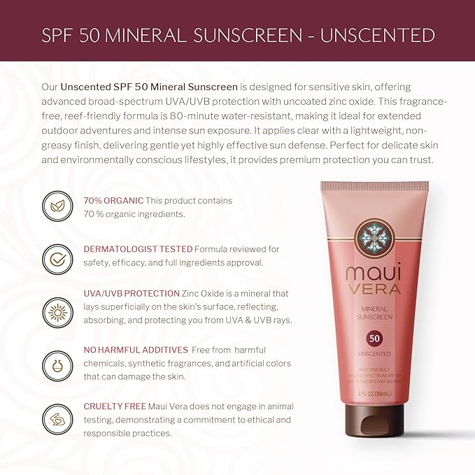 SPF 50 Mineral Sunscreen - Unscented (3.0 oz) Water-Resistant up to 80 minutes, TSA Approved