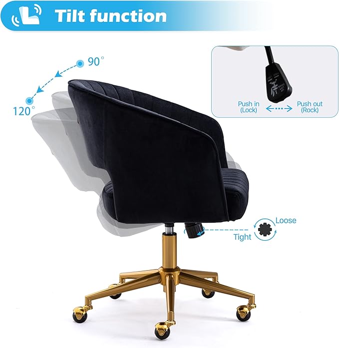 Home Office Chair Swivel Velvet Desk Chair Accent Armchair Upholstered Modern Tufted Chairs with Gold Base for Girls Women Ergonomic Study Seat Computer Task Stools for Living Room(Black)