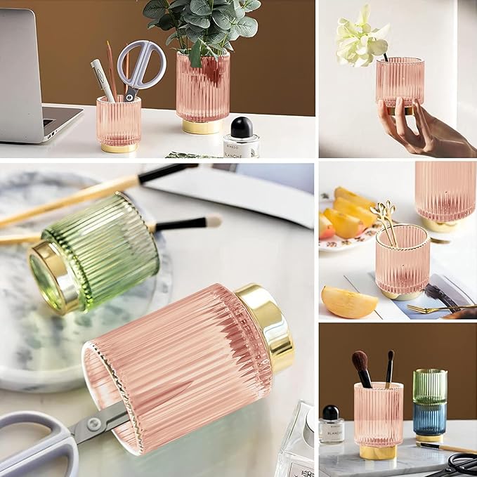 DASITON Makeup Brush holder Organizer,Crystal Cosmetic Makeup Brush Glass Brushes Storage Holder, Vintage Make Up Brush Cup Pen Pencil Holder striped vase(Pink S)