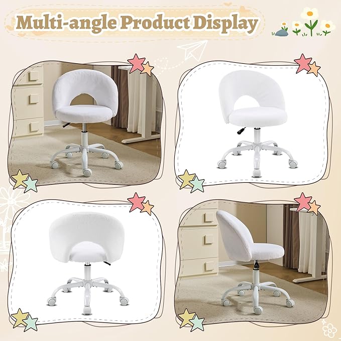 VINGLI Small Vanity Chair with Faux Fur Wheels for Girls,Cute Adjustable Height Armless Office Desk Chair,360°Swivel Comfy Rolling for Study,Make up Room,Small Space,White