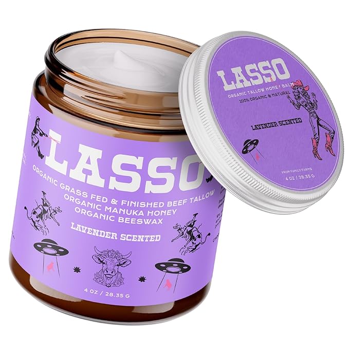 LASSO Lavender Tallow and Honey Balm for Face - Organic Beef Tallow Face Moisturizer with Grass-Fed/Finished Beef for Skin, Organic Manuka Honey and Beeswax