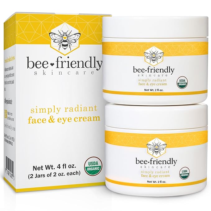BeeFriendly Organic Face and Eye Cream, USDA Certified Organic Facial Moisturizer, All In One Natural Face, Eye, Neck, Decollete Cream Reduces Wrinkles & Lines, 4 oz - (2 Jars in a box)