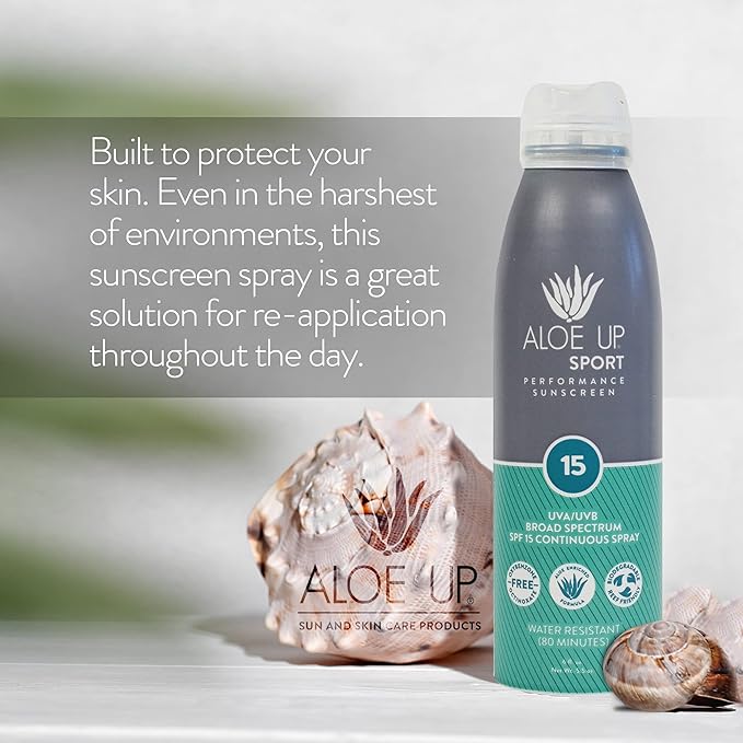 Aloe Up Sport Spray Sunscreen SPF 15 – Broad Spectrum Sunblock with Hydrating Aloe Vera Gel – Fast Absorbing, No White Cast, Reef Friendly, Water Resistant up to 80 Minutes, Fragrance Free – 6 Oz