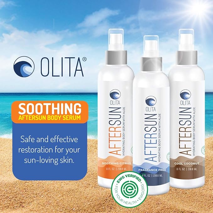 Olita AfterSun Body Serum - Fragrance Free - 8 oz - Hydrating Body Oil with Aloe Vera - All-Natural with Vitamin E - Cooling Sunburn Relief