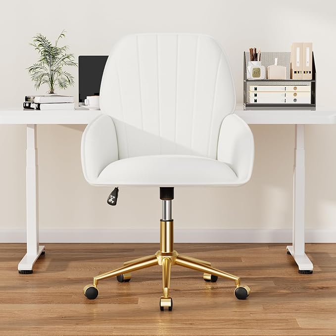 Home Office Desk Chair Comfy with Adjustable Swivel Wheels, Modern Velvet Makeup Vanity Chair with Back & Pillow, Ergonomic Office Chair Computer Task Chair for Living Room, Bedroom, White
