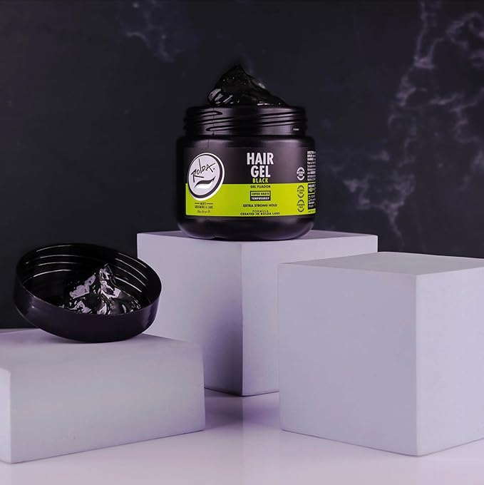Rolda Black Hair Gel for Men - Medium Hold Styling Gel with Activated Charcoal for Wet Look - Covers Grays & Enhances Black Hair - Flake + Alcohol Free (8.81 oz)